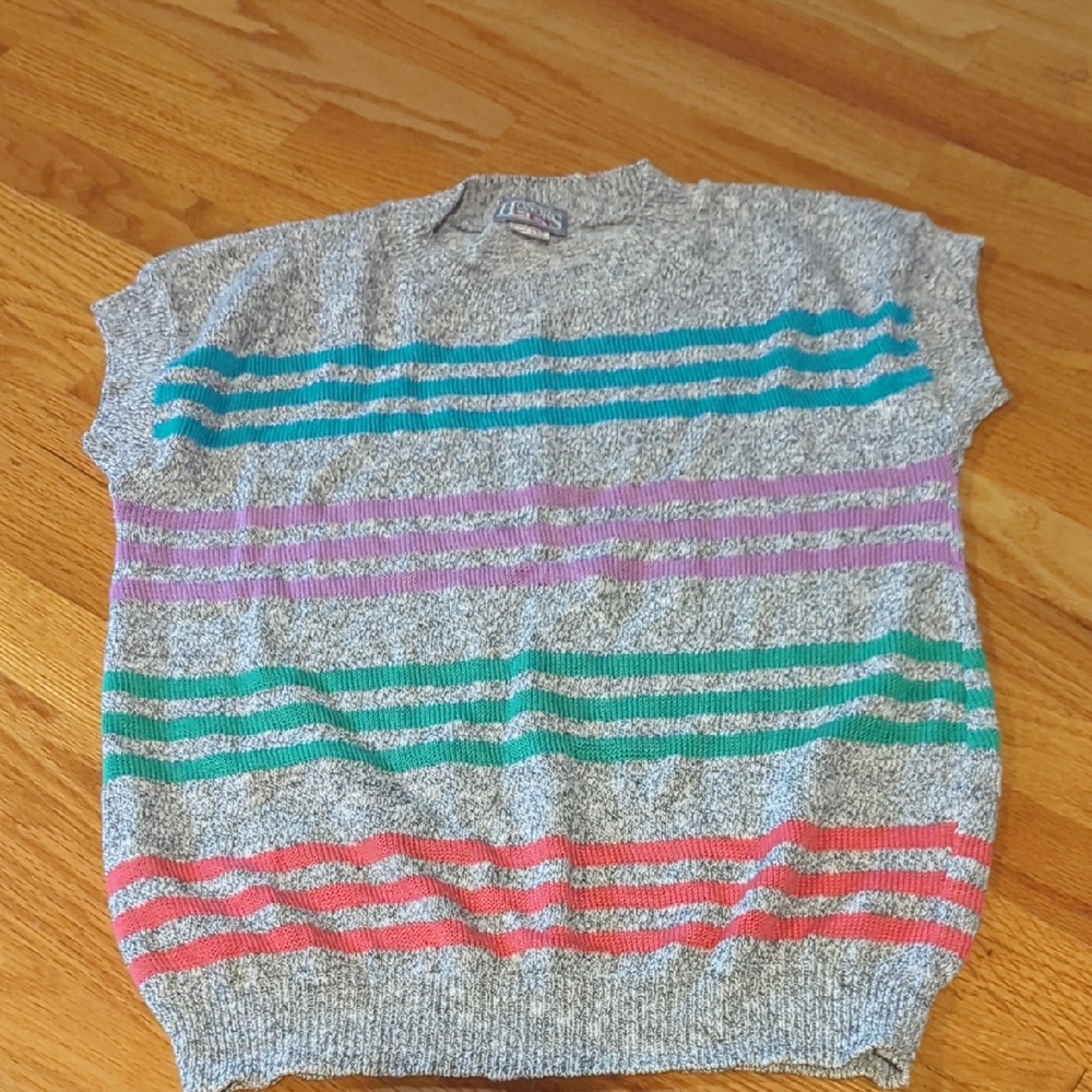 Capped Sleeve Striped Gray Rainbow Sweater Size Large